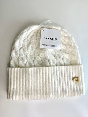 Coach Cable Knit Beanie White Chalk Wool Blend Hat NWT One Size